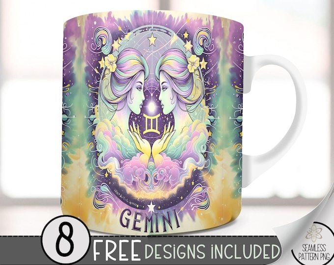 Gemini 11Oz Mug Template, Coffee Mug Png, 11 Oz Mug Wrap, Zodiac Mug, Astrology Mug Sublimation Designs, Seamless Zodiac Sign, Tie Dye PNG