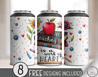 Teaching Is a Work of Heart PNG, 4in1 Apple & Floral Teacher School Design, 4 in 1 Can Cooler Sublimation Wrap, Gift for Educators, A334