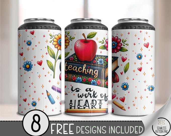 Teaching Is a Work of Heart PNG, 4in1 Apple & Floral Teacher School Design, 4 in 1 Can Cooler Sublimation Wrap, Gift for Educators, A334