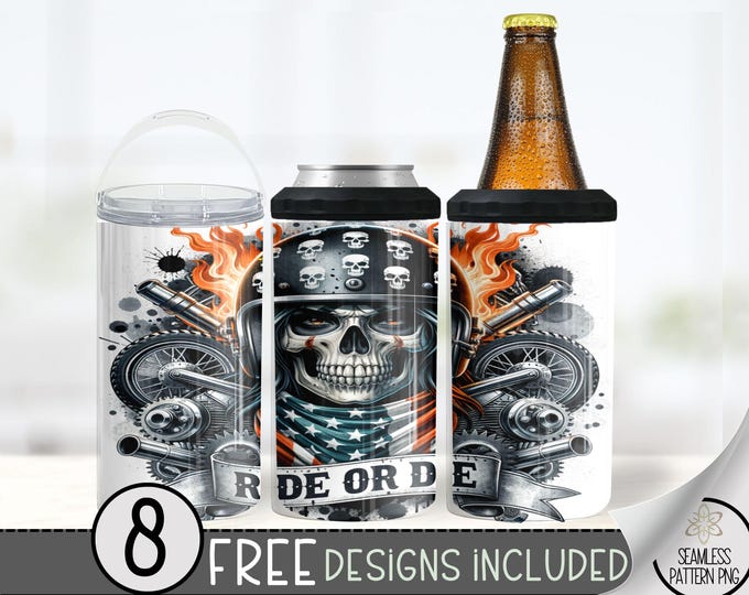 Motorcycle Can Cooler Wrap, Flaming Skull 16 oz 4-in-1 Cooler Sublimation, Biker Design File, Ride Or Die Can Cooler PNG Wrap, Skeleton A179
