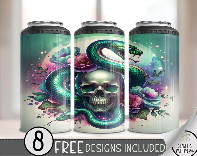 Snake Strike 4 in 1 Can Cooler Wrap, Floral Skull 4in1 Tumbler PNG, Snake Skull 16 Oz Can Cooler Sublimation Design, Digital Download PNG