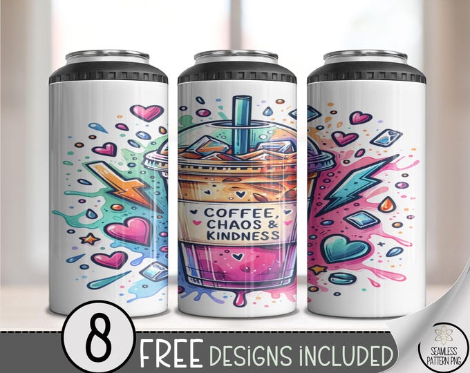 Coffee And Kindness PNG, Vibrant 4 In 1 Can Cooler Wrap, Colorful Digital Download Design, B612