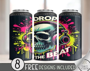 Skeleton Can Cooler Wrap, Splatter Paint Skull 16 oz 4-in-1 Cooler Sublimation,Skull Wearing Headphones 4 in 1 Can Cooler Design,Music 16 oz