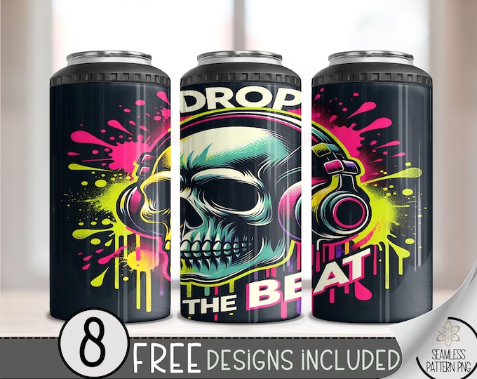 Skeleton Can Cooler Wrap, Splatter Paint Skull 16 oz 4-in-1 Cooler Sublimation,Skull Wearing Headphones 4 in 1 Can Cooler Design,Music 16 oz