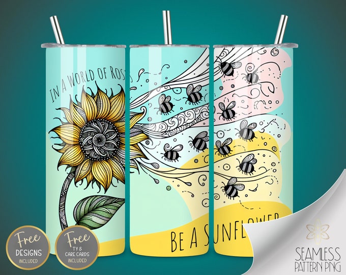 Zentangle PNG Tumbler Wrap, 20 Oz Skinny Sublimation Tumbler Design, Watercolor Sunflower Seamless Design, Bees Instant Download