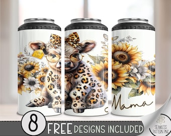 Leopard Highland Cow 4in1 Can Cooler Wrap, Leopard Sunflower 4 in 1 Tumbler PNG, Floral Boho Chic 16 Oz Can Cooler Sublimation Design, A148