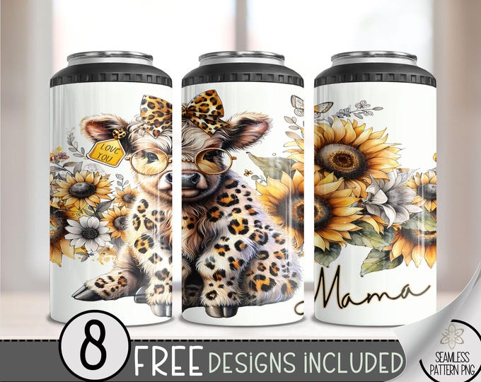 Leopard Highland Cow 4in1 Can Cooler Wrap, Leopard Sunflower 4 in 1 Tumbler PNG, Floral Boho Chic 16 Oz Can Cooler Sublimation Design, A148
