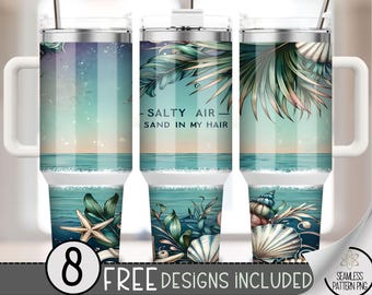 Beach 40 oz Tumbler Wrap, Summer Sublimation Design, Ocean Quencher PNG, Summer Shells PNG Sublimation Design, Salty Air & Sandy Hair, A120