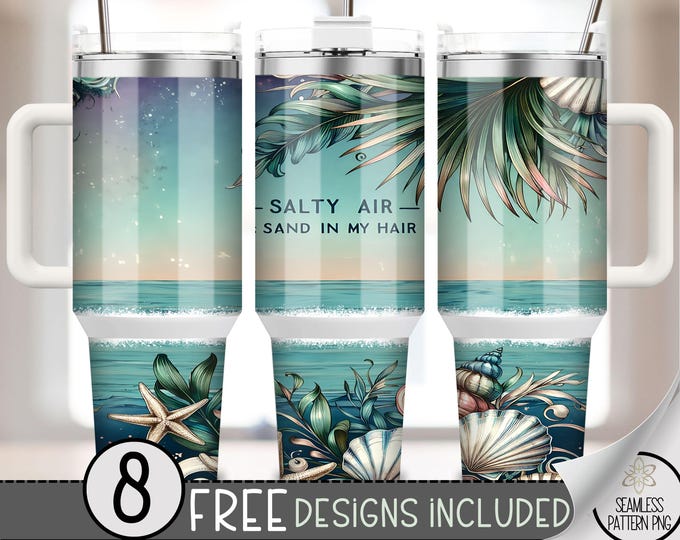 Beach 40 oz Tumbler Wrap, Summer Sublimation Design, Ocean Quencher PNG, Summer Shells PNG Sublimation Design, Salty Air & Sandy Hair, A120