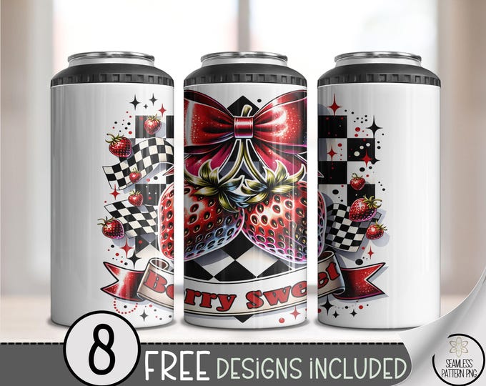 Berry Sweet 4-in-1 Can Cooler Wrap PNG, Strawberry Red Bow Checkered Race Flag Sublimation Design, Retro Girly Fruit Wrap PNG, A319