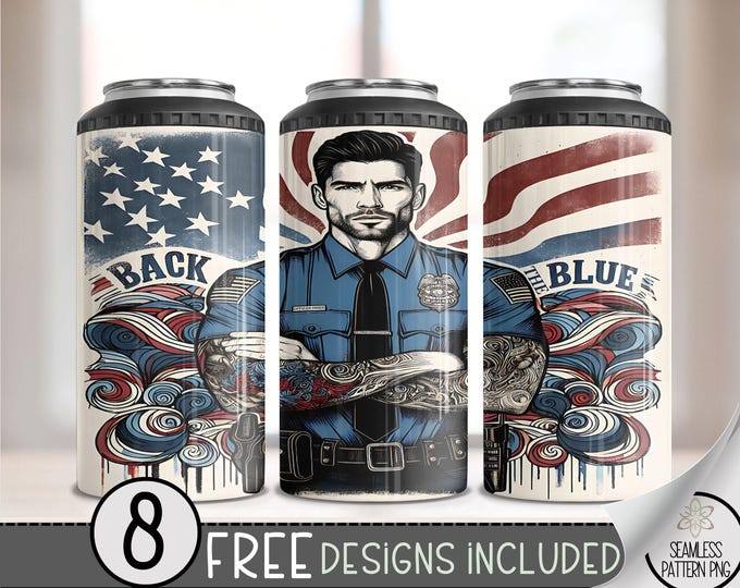 Policeman 4 in 1 Can Cooler Wrap, Men's 4in1 Tumbler PNG,Father's Day 16 Oz Can Cooler Sublimation Design,Back The Blue Design,Peace Officer