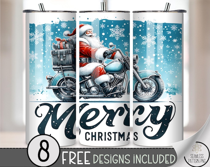 Santa Motorcycle 20 oz tumbler wrap: Christmas Sublimation Design for Skinny Tumblers, Fun PNG Files, Xmas Snowflakes A576