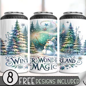 Snowman 4 In 1 Can Cooler Tumbler Wrap, Winter Magic Sublimation Design, Seamless 16 Oz Slim,Enchanted Forest 16 Oz Can Cooler Wrap PNG File