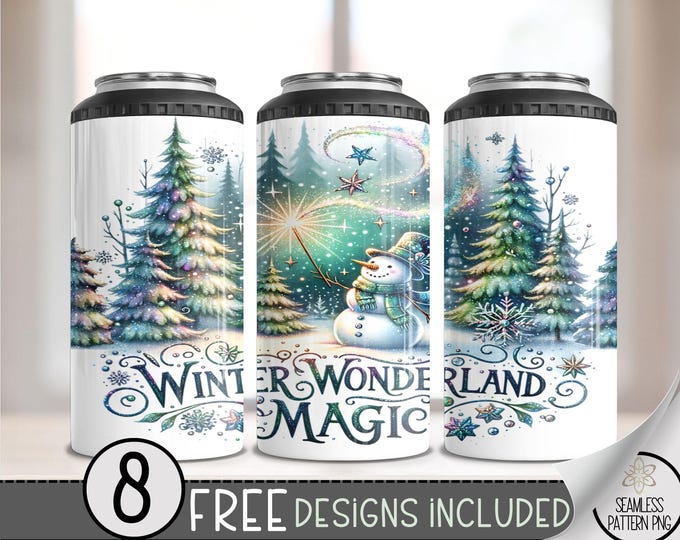 Snowman 4 In 1 Can Cooler Tumbler Wrap, Winter Magic Sublimation Design, Seamless 16 Oz Slim,Enchanted Forest 16 Oz Can Cooler Wrap PNG File