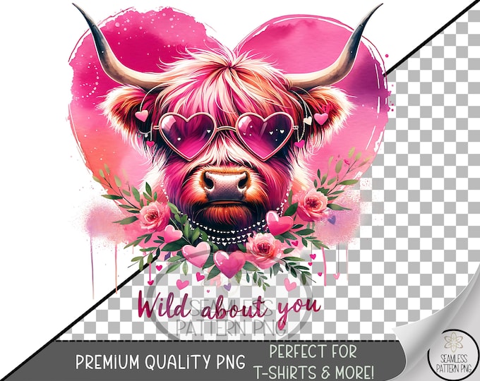 Highland Cow Valentine UV DTF PNG, Cute Furry Cow with Hearts Sublimation, Cozy Valentine Animal Shirt Design, Love Cow png, A677