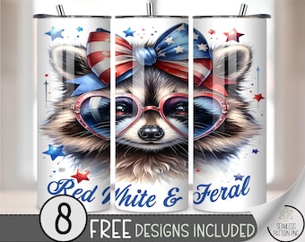 Red White & Feral Raccoon 20 oz Tumbler Wrap PNG, Cute USA Glasses Bow Animal Sublimation, Fourth of July Patriotic Summer Design, A296