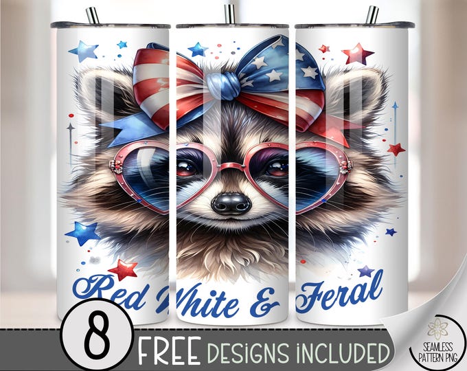 Red White & Feral Raccoon 20 oz Tumbler Wrap PNG, Cute USA Glasses Bow Animal Sublimation, Fourth of July Patriotic Summer Design, A296