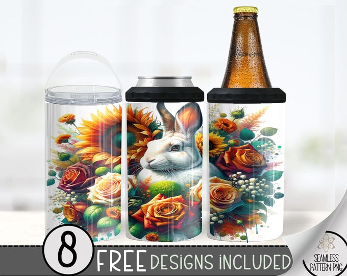 Instant Digital Rabbit 4in1 Can Cooler Wrap, Floral 4 in 1 Tumbler PNG, Bunny 16 Oz Can Cooler Sublimation Design File, Cute Seamless Wrap