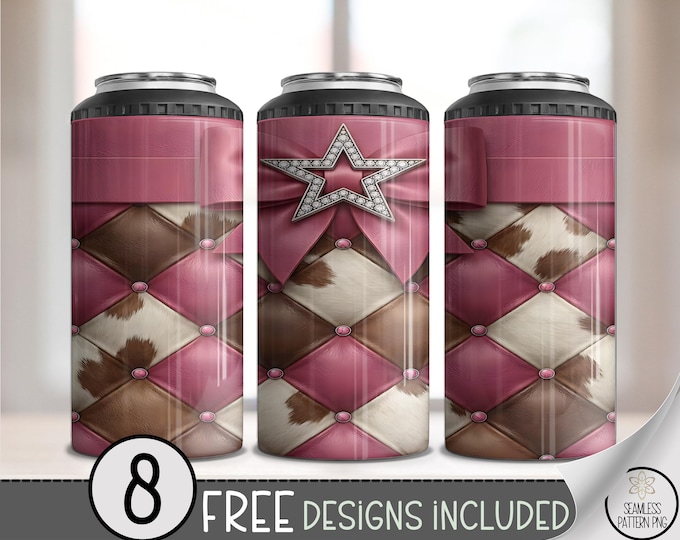 Coquette Bow PNG, Faux Cowhide 4-in-1 Can Cooler Wrap, Elegant Sublimation Design, Pink Cow Print, Digital Download, B985