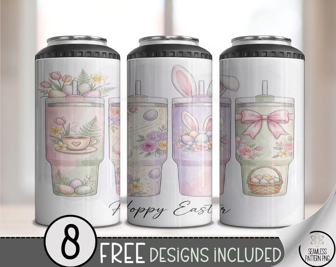 Easter Eggs PNG, 4-in-1 Can Cooler Wrap, Pastel Bunny Ears Sublimation Design, Spring Cottagecore Floral, B923