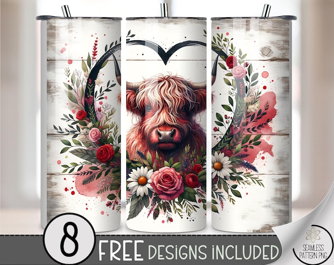 Valentines Highland Cow 20 oz Tumbler Wrap, Floral Dark Romantic Sublimation Design for Straight Tumblers, Barn Wood PNG Files, B731