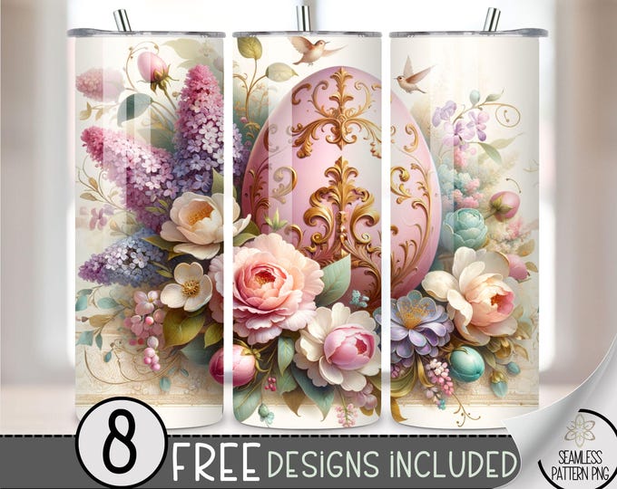 Rococo Easter Tumbler Wrap, Shabby Chic 20oz Skinny Tumbler Sublimation Design, Easter Egg Tumbler Wrap File PNG, Grand Millennial Easter
