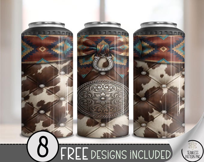 Coquette Cowgirl 4-in-1 Can Cooler Wrap, Rustic Cowhide Leather Design, Farmhouse, Digital Download, B975