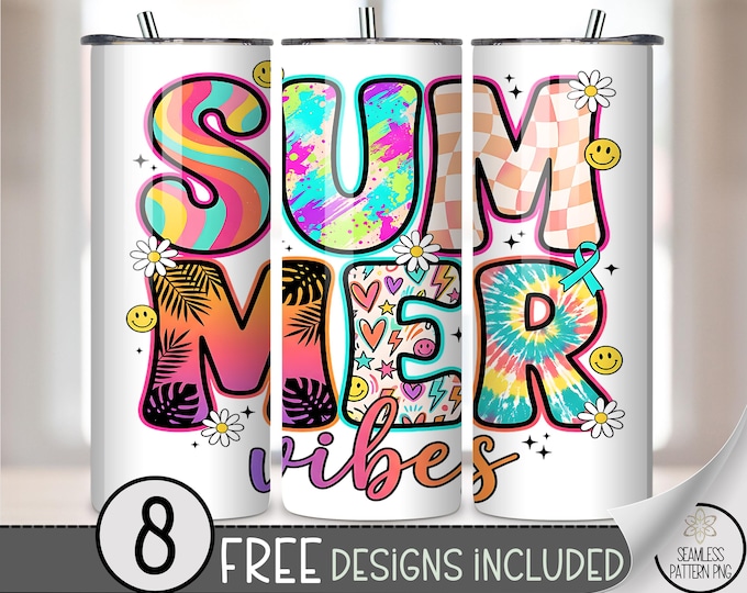 Summer Vibes 20 oz Tumbler Wrap, Bright Sublimation Design for Straight Tumblers, Fun PNG Files, B10179