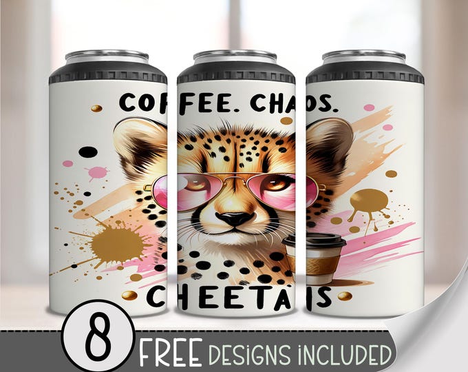 Coffee Chaos Cheetahs 4in1 Can Cooler Wrap, Jungle 4 in 1 Tumbler PNG, Safari 16 Oz Can Cooler Sublimation Design, Funny Cheetah Wrap A222