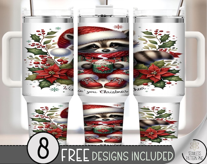 Festive 40 oz tumbler wrap: Raccoon Christmas Sublimation Design, Cozy PNG Files, Cute 40oz Tumbler Design, Merry Holiday File, A511