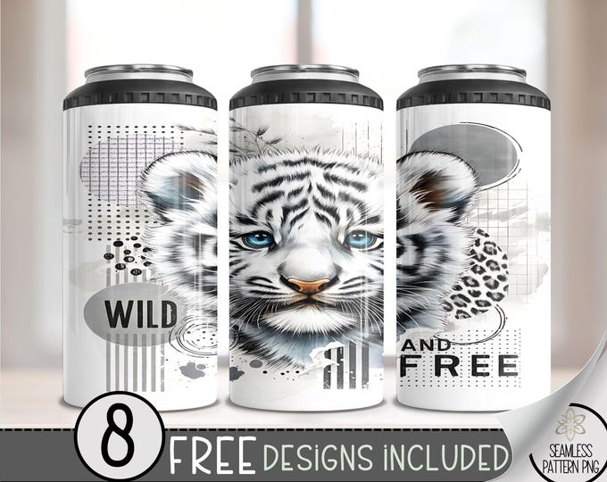 White Tiger 4 in 1 Can Cooler Wrap, Cat 4in1 Tumbler PNG, Leopard 16 Oz Can Cooler Sublimation Design, Cheeta Nature Seamless File, Big Cat