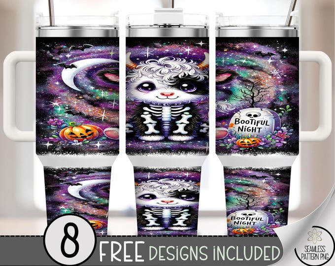 Spooky Halloween Tumbler Wrap, Cute Skeleton Highland Cow Design, Goth Sublimation for 40 oz Tumbler, Halloween Party Digital Download A418
