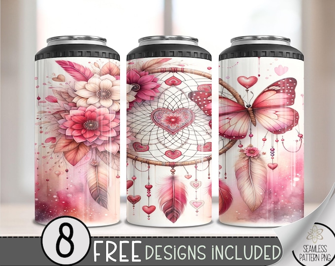 Boho Dreamcatcher Butterfly Floral 4in1 Can Cooler Wrap, Heart 4 in 1 Tumbler PNG, Seamless Valentine 16 Oz Can Cooler Sublimation Design