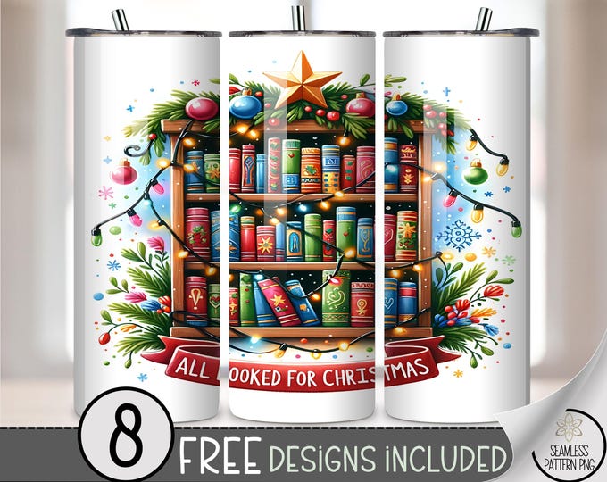 All Booked For Christmas 20 oz tumbler wrap, Xmas Books Sublimation Design for Skinny Tumblers, A635