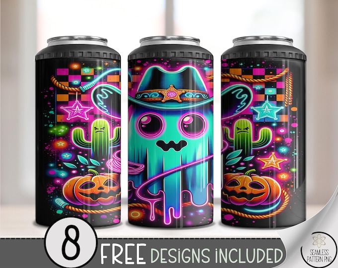 Halloween Cowboy Ghost 4-in-1 Can Cooler Wrap, Spooky Western Sublimation Design, Digital Download, B10329