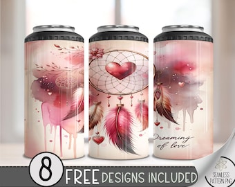 Boho Dreamcatcher Feather Floral 4in1 Can Cooler Wrap, Heart 4 in 1 Tumbler PNG, Seamless Valentine 16 Oz Can Cooler Sublimation Design