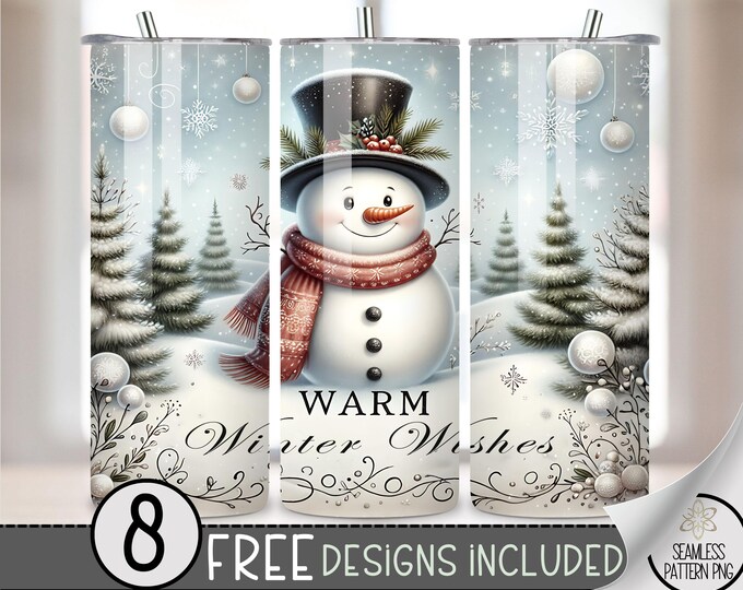 Snowman Tumbler Wrap, Warm Winter Wishes 20oz Skinny Tumbler Sublimation Design, Xmas Tumbler Wrap File PNG, New Year's Seamless File