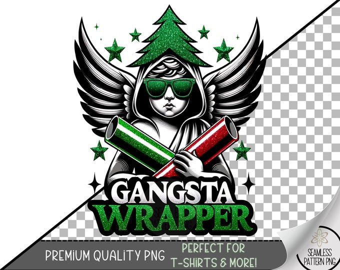 Gangsta Wrapper Funny Christmas Sublimation PNG, Hip Hop Holiday Clipart with Cool Angel and Gift Wrap, Festive Craft Design, A382