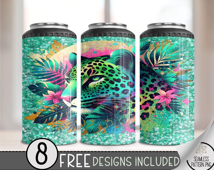 Glitter Leopard 4 in 1 Can Cooler Wrap, Sparkly Leopard Print 4in1 Tumbler PNG,Summer Tropical 16 Oz Can Cooler Sublimation Design,Glam File