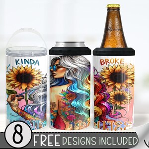 Seamless Tattoo Girl Can Cooler Wrap, Funny 16 oz 4-in-1 Cooler Sublimation, Kinda Boujee 16Oz Tumbler File, Sunflower Can Cooler Design PNG
