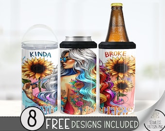 Seamless Tattoo Girl Can Cooler Wrap, Funny 16 oz 4-in-1 Cooler Sublimation, Kinda Boujee 16Oz Tumbler File, Sunflower Can Cooler Design PNG