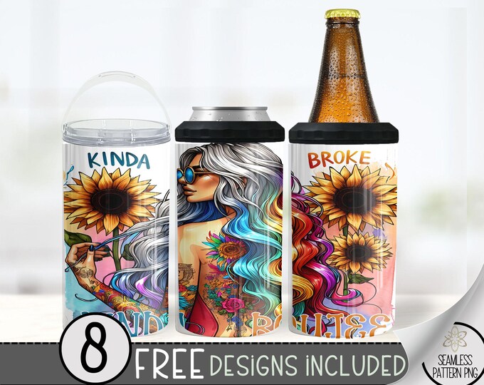 Seamless Tattoo Girl Can Cooler Wrap, Funny 16 oz 4-in-1 Cooler Sublimation, Kinda Boujee 16Oz Tumbler File, Sunflower Can Cooler Design PNG