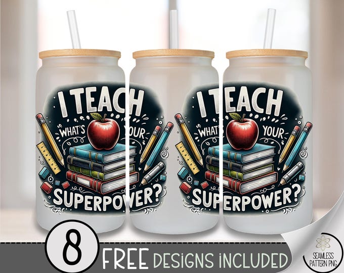Teach Superpower Glass Can Wrap, Superhero Teacher, Sublimation Design, Apple and Books Instant Digital Download, PNG, A840