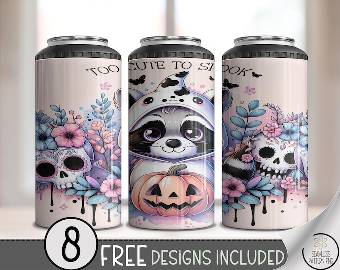 Cute Raccoon 4in1 Can Cooler Wrap, Sugar Skull and Pumpkin Designs, Halloween 4-in-1 Cooler Sleeve, Too Cute To Spook PNG, A450