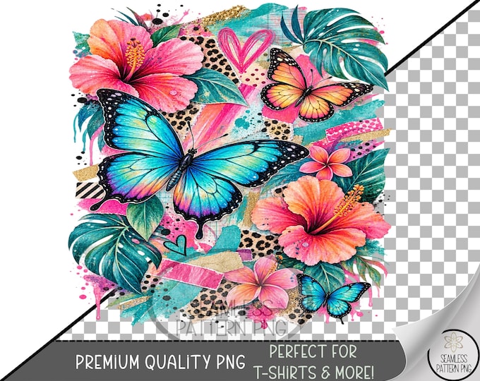 Tropical Butterfly Sublimation Design, Vibrant Hibiscus Flowers UV DTF Graphic, Digital Download, B10508