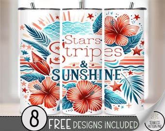 Stars Stripes & Sunshine 20oz Skinny Tumbler Wrap PNG, Summer Patriotic Tumbler Sublimation, USA Hibiscus Red White Blue Wrap, A253