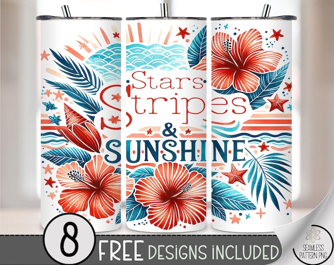 Stars Stripes & Sunshine 20oz Skinny Tumbler Wrap PNG, Summer Patriotic Tumbler Sublimation, USA Hibiscus Red White Blue Wrap, A253