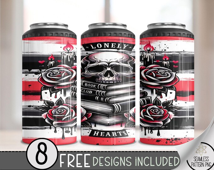 Lonely Hearts Book Club 4 in 1 Can Cooler Wrap, Skull 4in1 Tumbler PNG, Anti Valentine 16 Oz Can Cooler Sublimation Design, Fun Gothic File