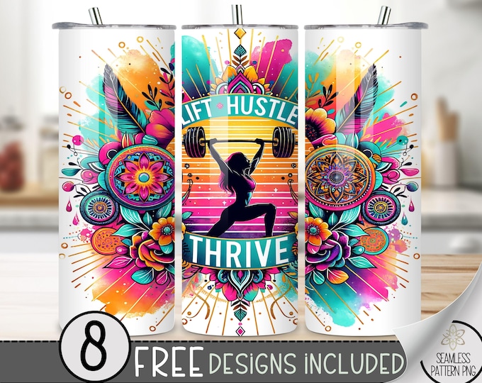 Fitness Tumbler Wrap Design, Seamless Digital Lift Hustle Thrive Fitness Fashion Girl 20Oz Tumbler Wrap, 20Oz Gym Motivational Tumbler Wrap