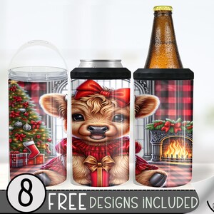 Cute Highland Cow Can Cooler Wrap, Xmas 16 oz 4-in-1 Cooler Sublimation, Christmas 16Oz Tumbler File, Buffalo Check Holiday Design File PNG